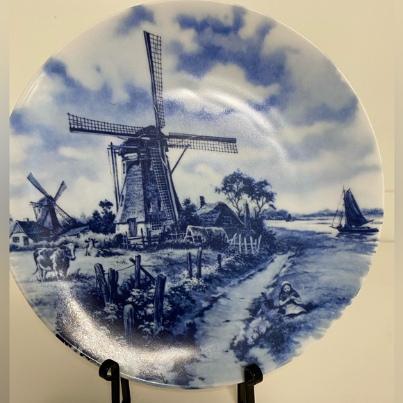 EUC Vintage Delft Hand Painted Windmill Farm Decorative Plate Blue White Dish - Picture 3 of 7